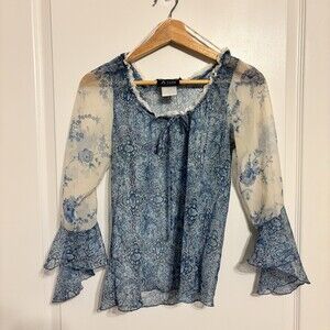 A-list by Wrapper Vintage Sheer Chiffon Floral Paisley Bell Sleeve Blouse